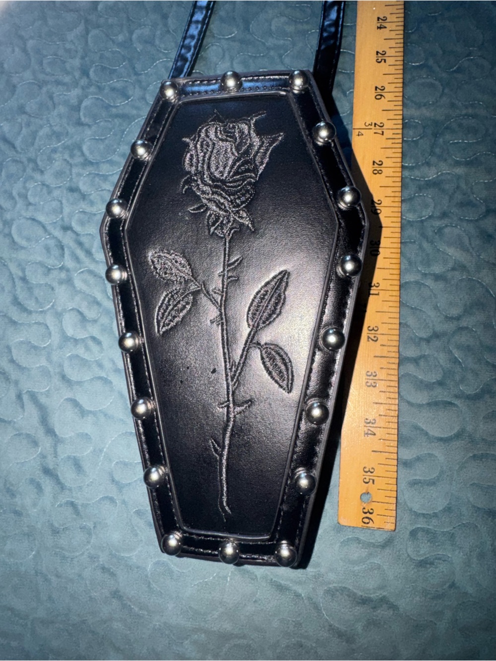 Black Coffin-Shaped Crossbody bag with Embroidered Rose & Stud Trim - Picture 8 of 8